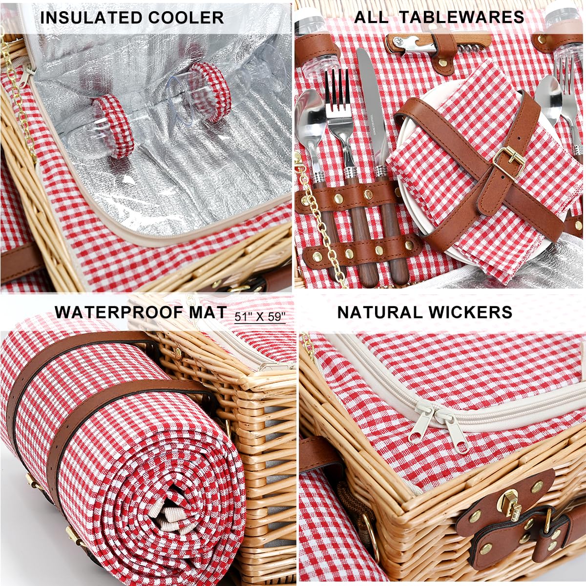 SatisInside picnic basket for 2 emphasizes compact design for intimate outings.
