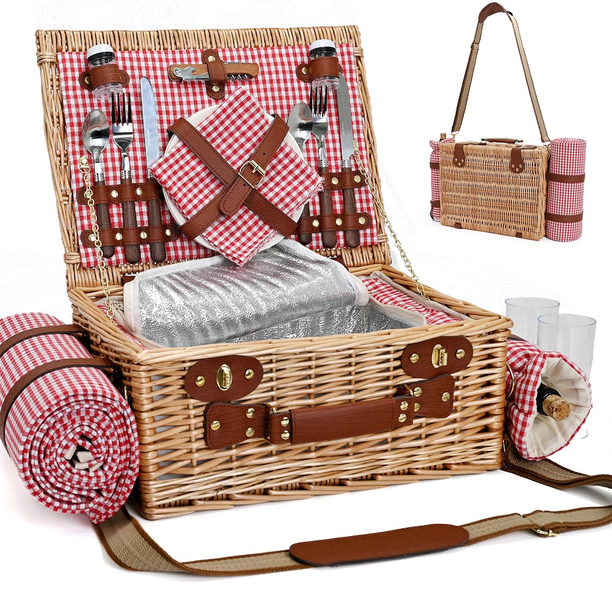 SatisInside picnic basket with blanket shows a ready-to-use setup for a couple's outdoor day.