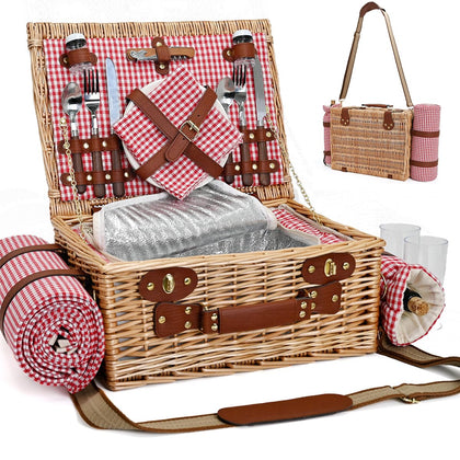 SatisInside picnic basket with blanket shows a ready-to-use setup for a couple's outdoor day.