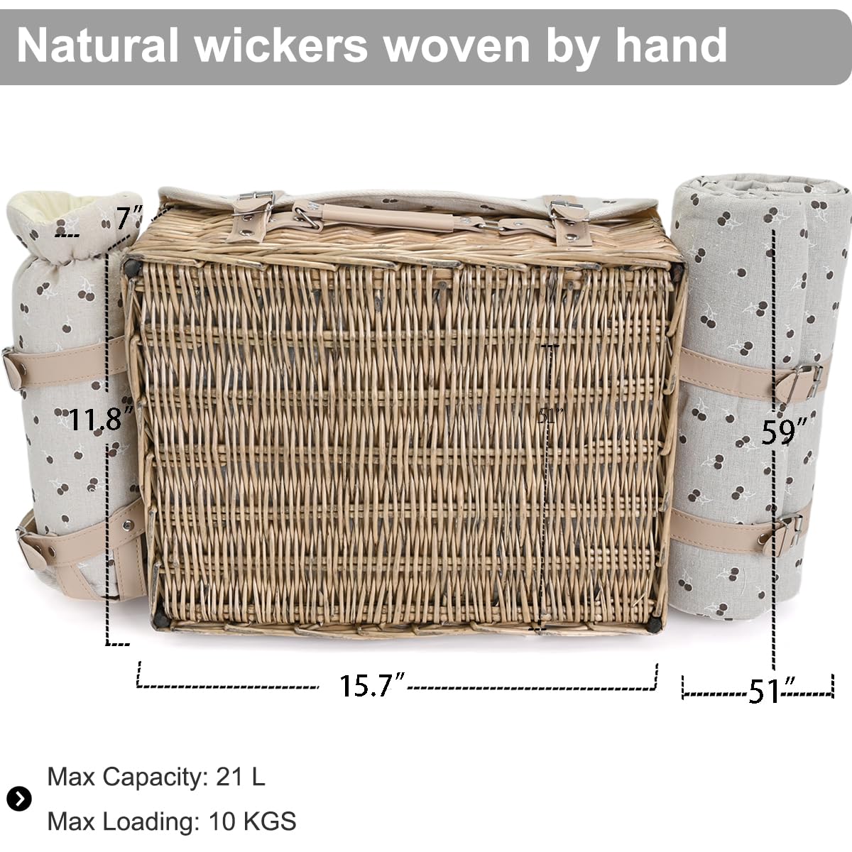 SatisInside wicker basket shows 21L capacity for two picnics.