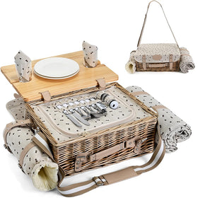 SatisInside willow picnic basket with insulated interior keeps snacks fresh.