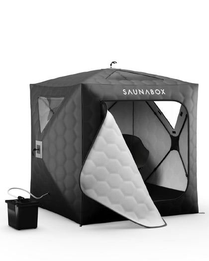 SAUNABOX XL 2-person steam sauna tent during assembly for home spa setup