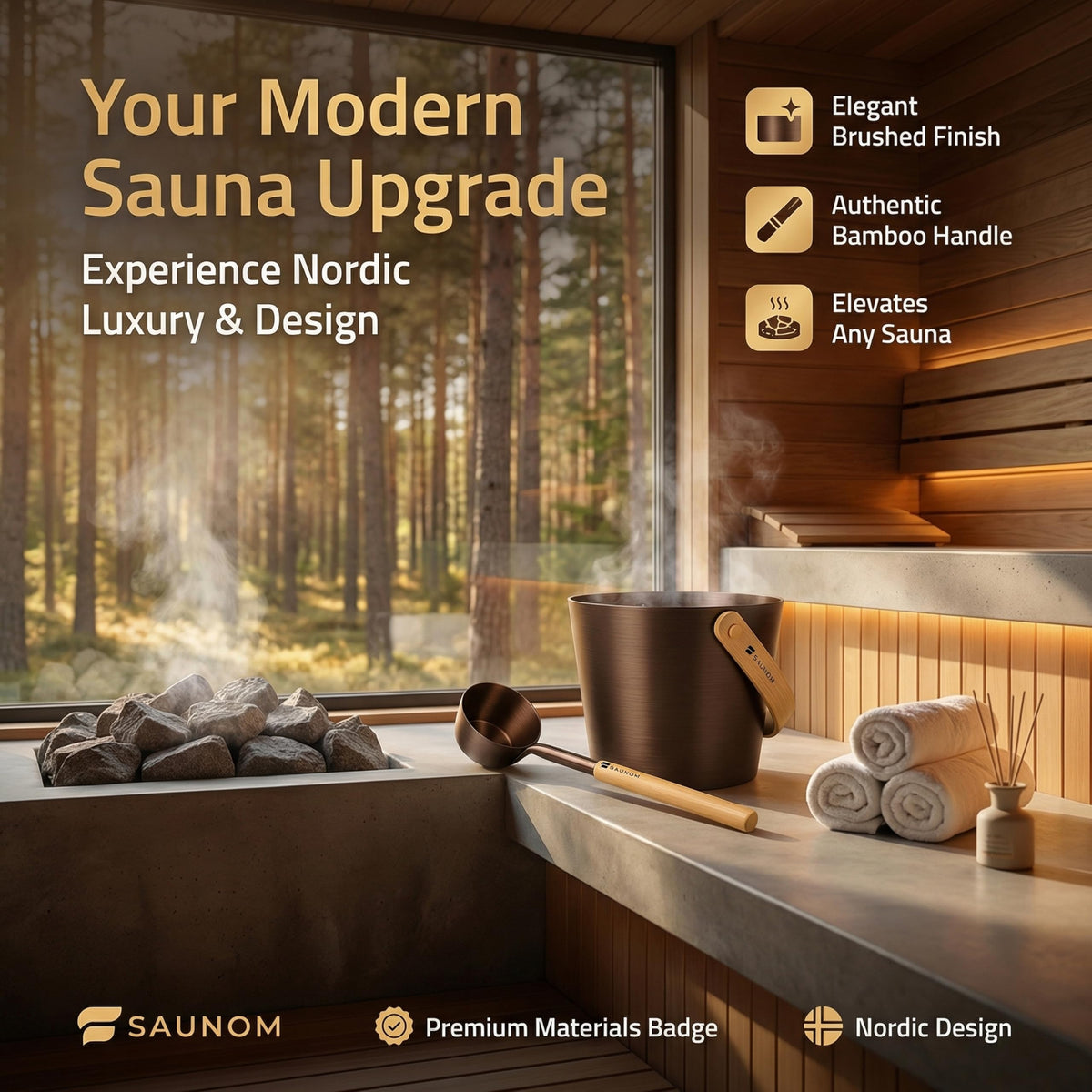 SAUNOM anodized aluminum bucket with brushed finish for rust-resistant sauna use.