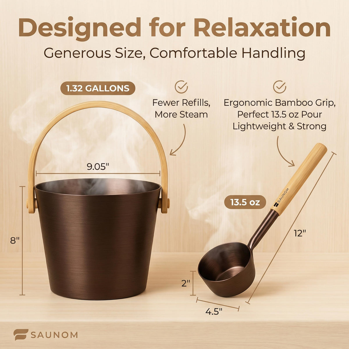 SAUNOM large 1.3-gallon bucket reduces refills during sessions.