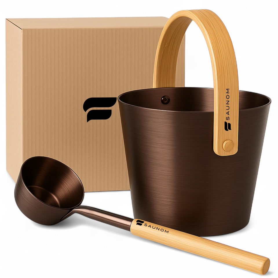 SAUNOM luxury aluminum sauna bucket and ladle set in modern Nordic design for premium steam sessions.