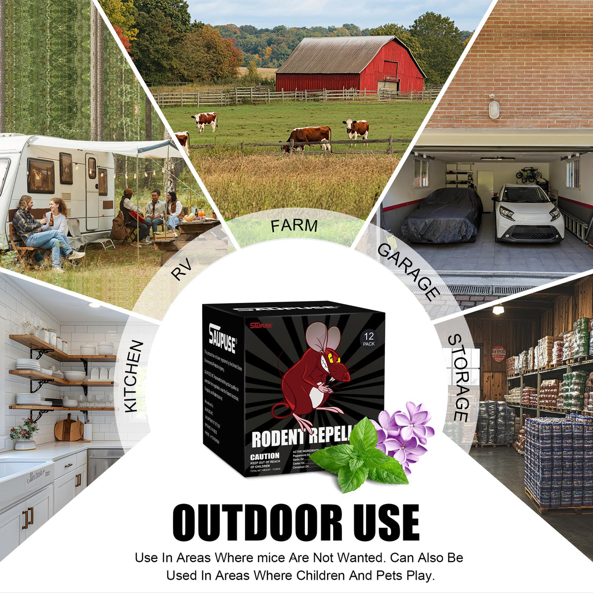 SAUPUSE Rodent Ball hanging usage shows simple placement options to deter pests.