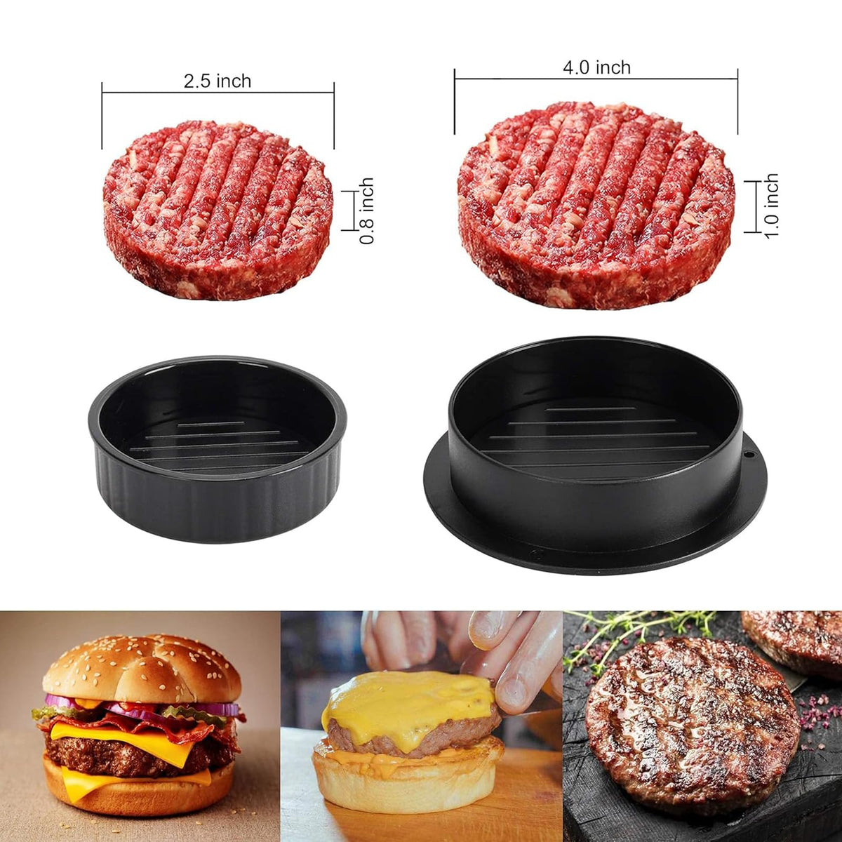 SaurieShower hamburger press 3-in-1 setup shows mini, regular, and stuffed patties for versatile cooking.