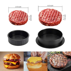 SaurieShower hamburger press 3-in-1 setup shows mini, regular, and stuffed patties for versatile cooking.