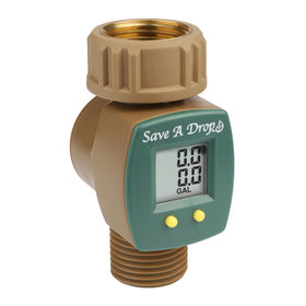Save A Drop brass flow meter attached to garden hose for precise gallon tracking.