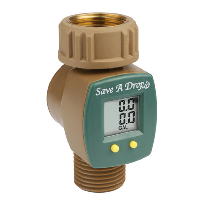 Save A Drop brass flow meter attached to garden hose for precise gallon tracking.
