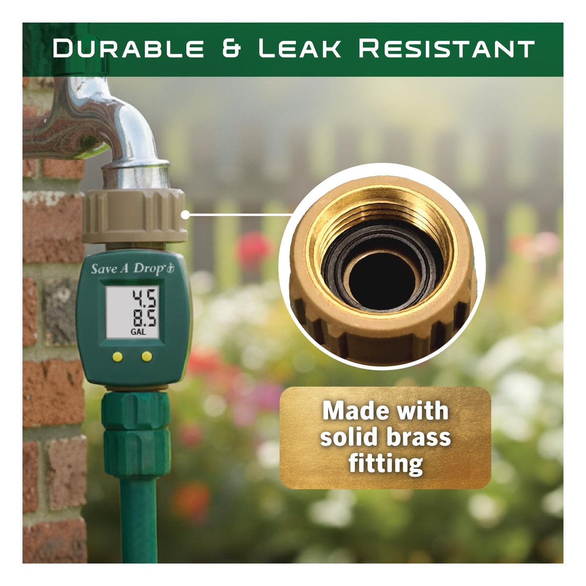 Durable brass spigot connector from Save A Drop for outdoor reliability.