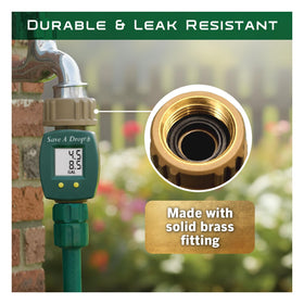 Durable brass spigot connector from Save A Drop for outdoor reliability.