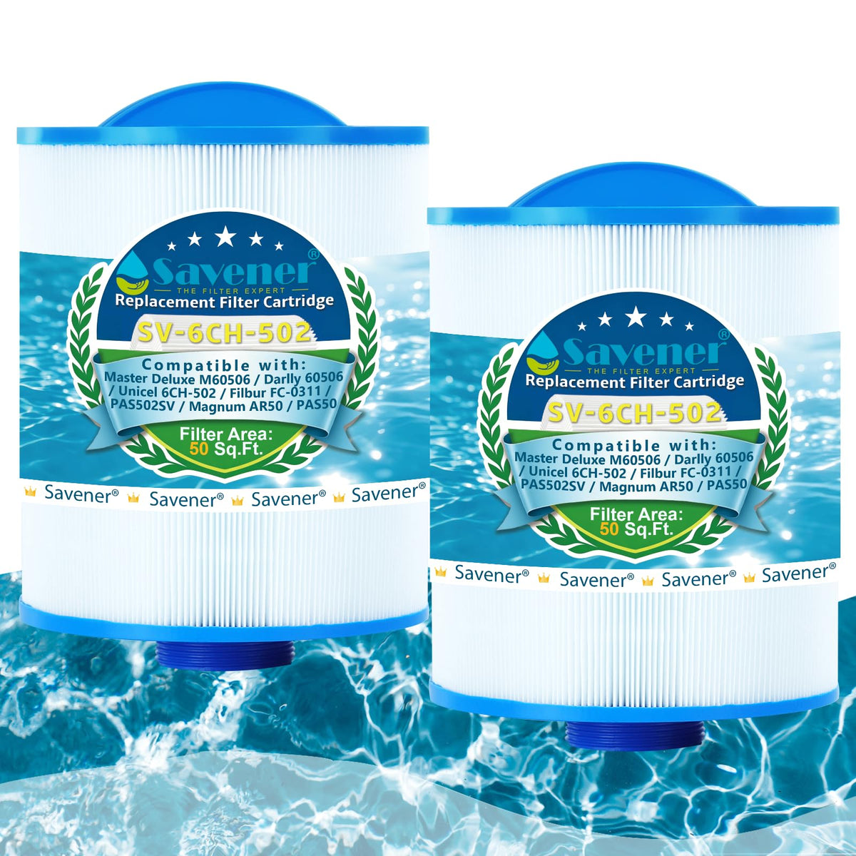 Savener 6CH-502 replacement cartridge shown for Artesian spas, promoting clearer water.