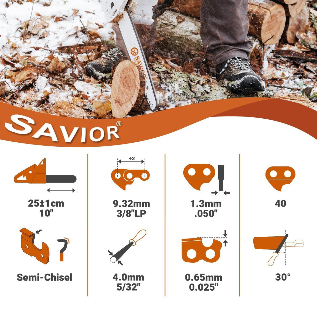 Savior 10-inch chain close-up shows 3/8 LP pitch and 0.050 gauge.