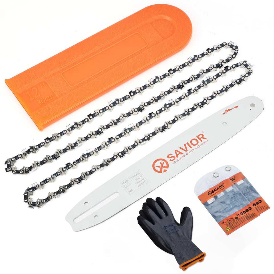 Savior 12-inch bar and chain set enables fast replacement and smooth cuts.