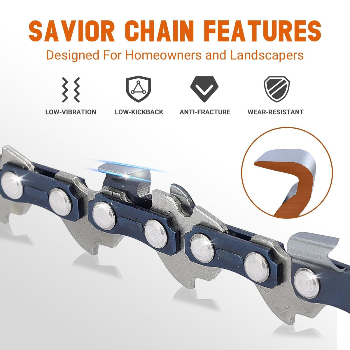 Savior 38lp-pitch-050gauge-40drivelinks close-up highlights the specs.