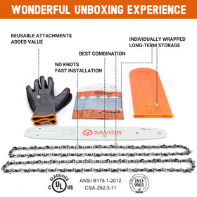 Savior packaging shows bar, two chains, cover, storage bag, and gloves.