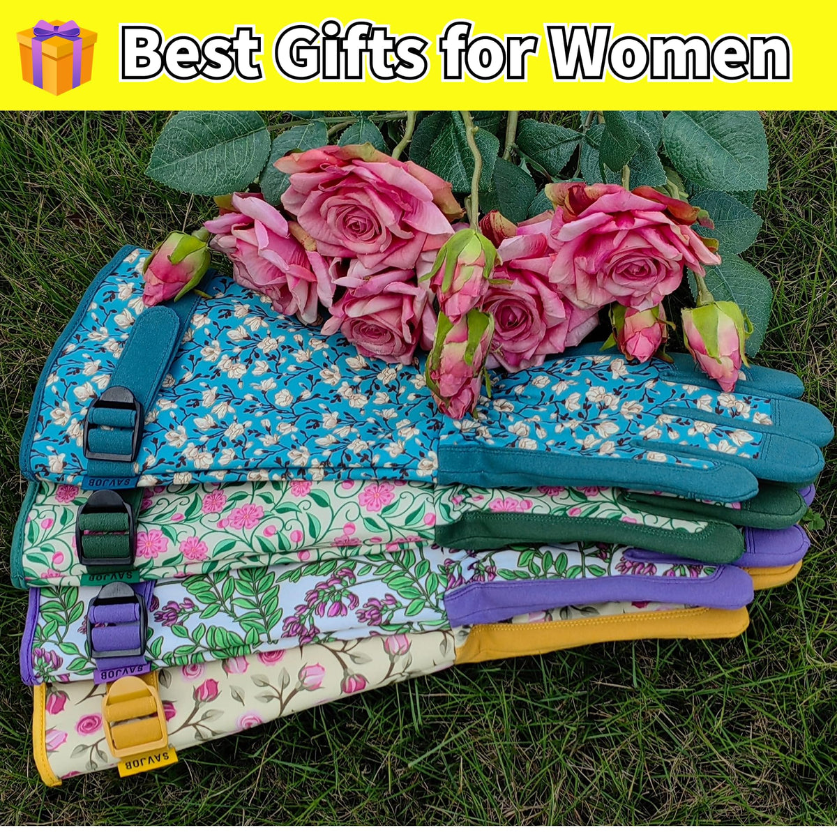 SAVJOB canvas back garden gloves with floral design offering breathable protection