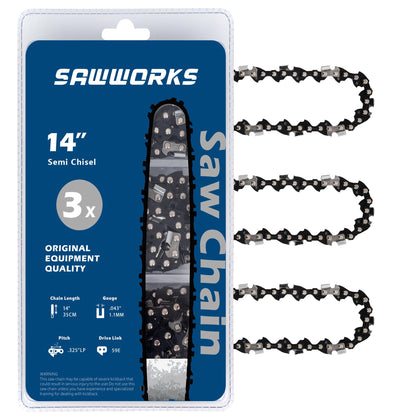 SawWorks 3-Pack 14-Inch chain front view for smooth cutting on compatible saws.