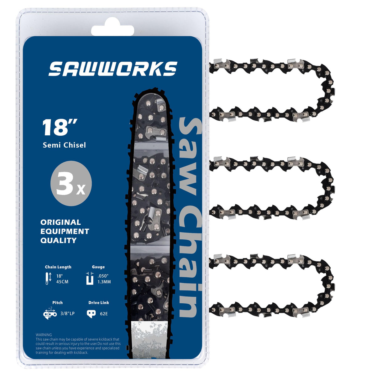 SawWorks 3-pack 18 inch chain package shot showing ready-to-use set for compatible saws.