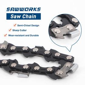 SawWorks chain close-up illustrating compatibility chart for popular saw models.