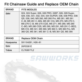 SawWorks 3-pack chainsaw chain 20-inch chrome-layer detail highlights durability.