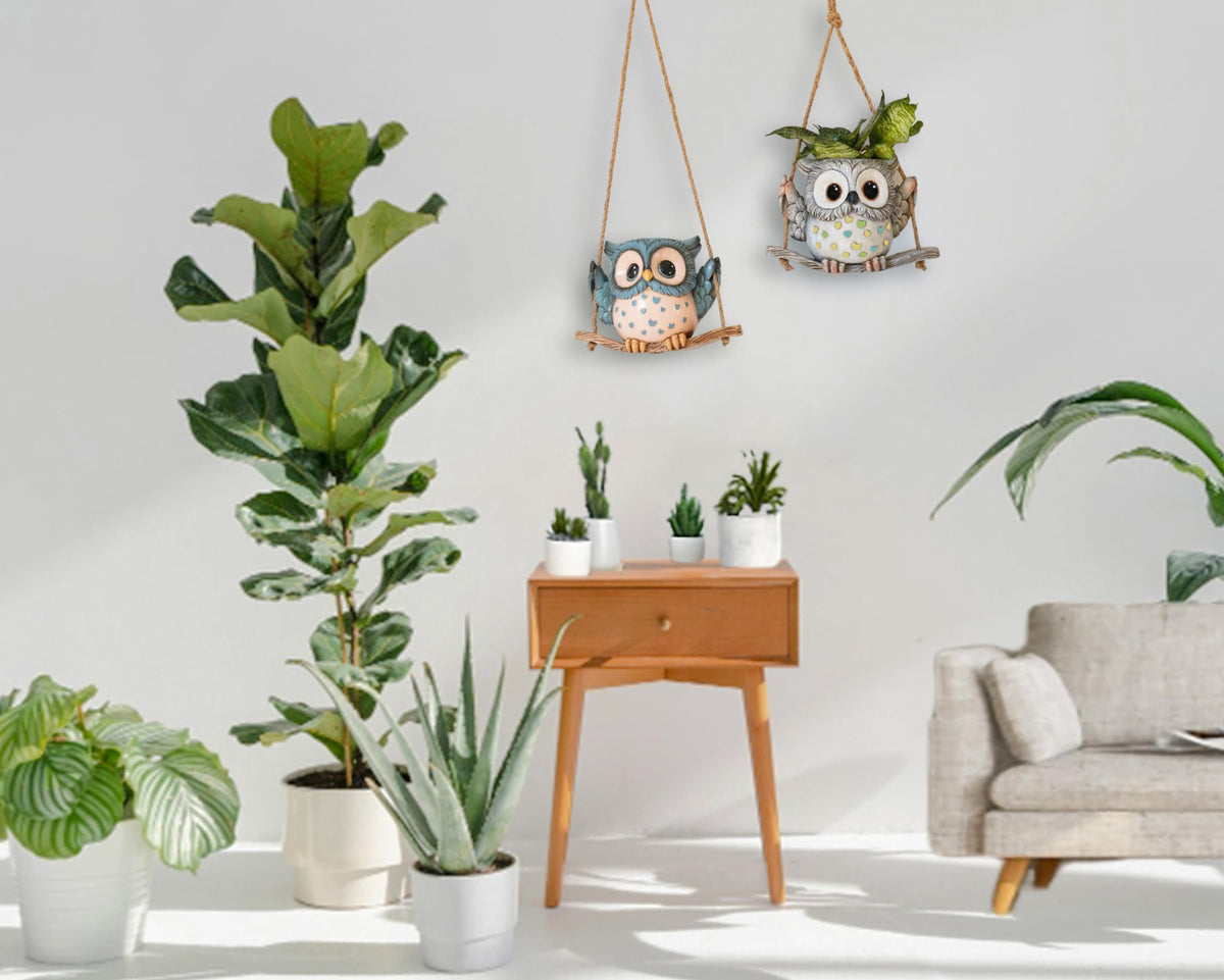 Saysmile Swing Owl Planter on outdoor patio enhances whimsy.