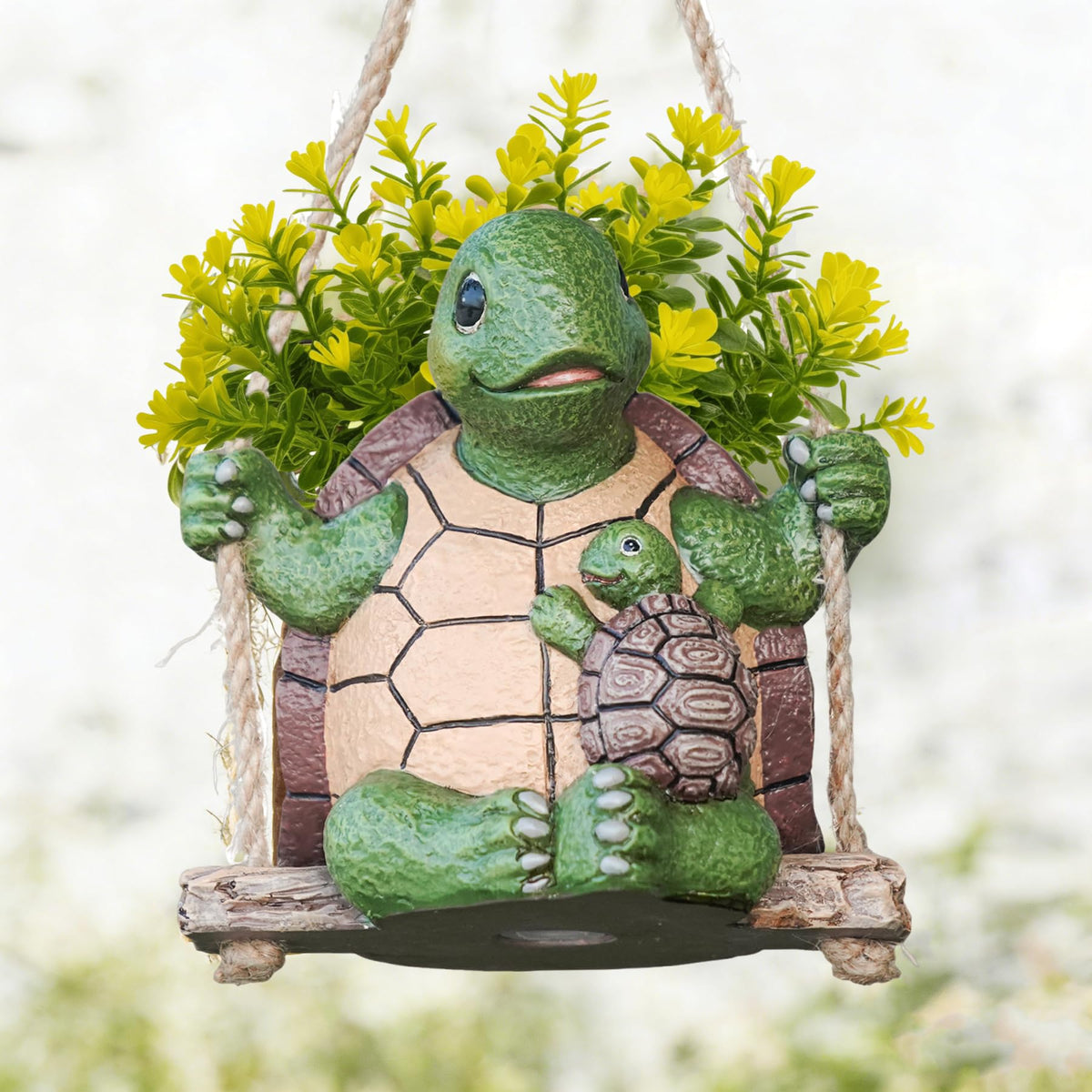 Saysmile Swing Turtle planter with mother and baby on a swing, adds cozy indoor charm.