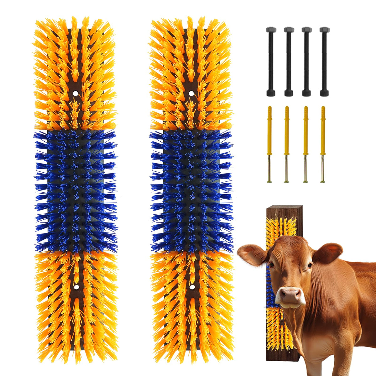 Sayutie livestock scratch brush in yellow two-pack ready for gentle grooming on cattle and sheep.