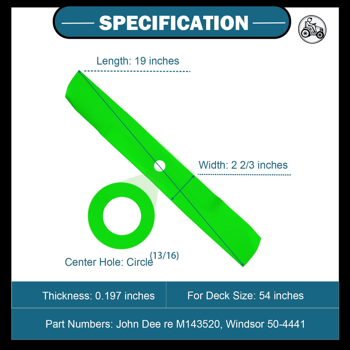 SCBHWJ 54-inch deck blade side view — robust design for steady mowing performance.