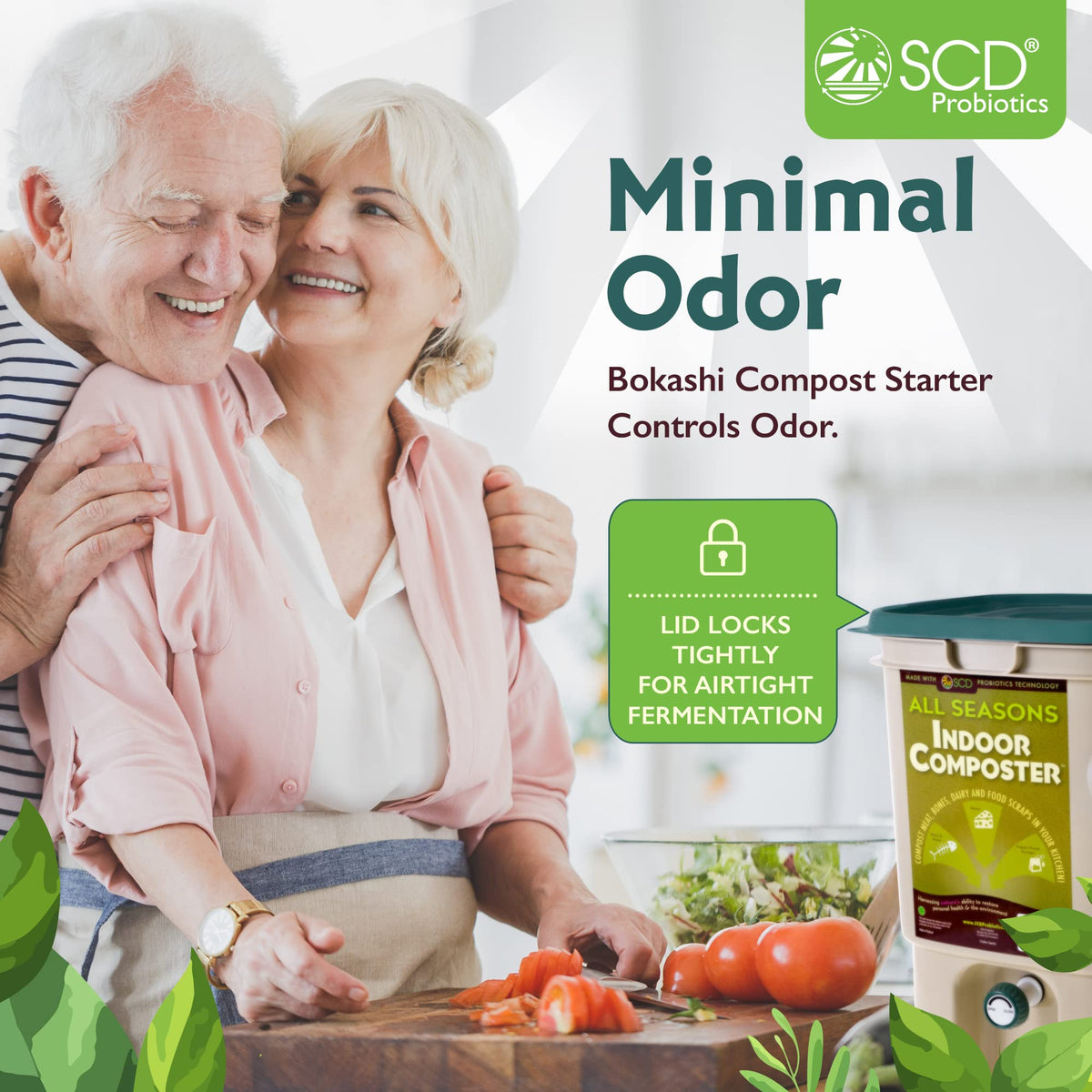 Tight-sealing lid and odor-control features keep indoor composting neat
