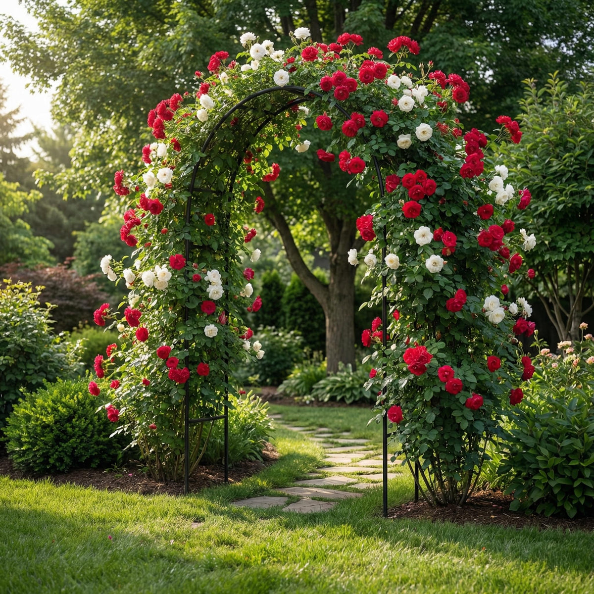 SCENDOR Climbing vines thrive on the arch during peak bloom.
