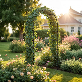 SCENDOR Architectural focal point arch accenting a landscaped courtyard.