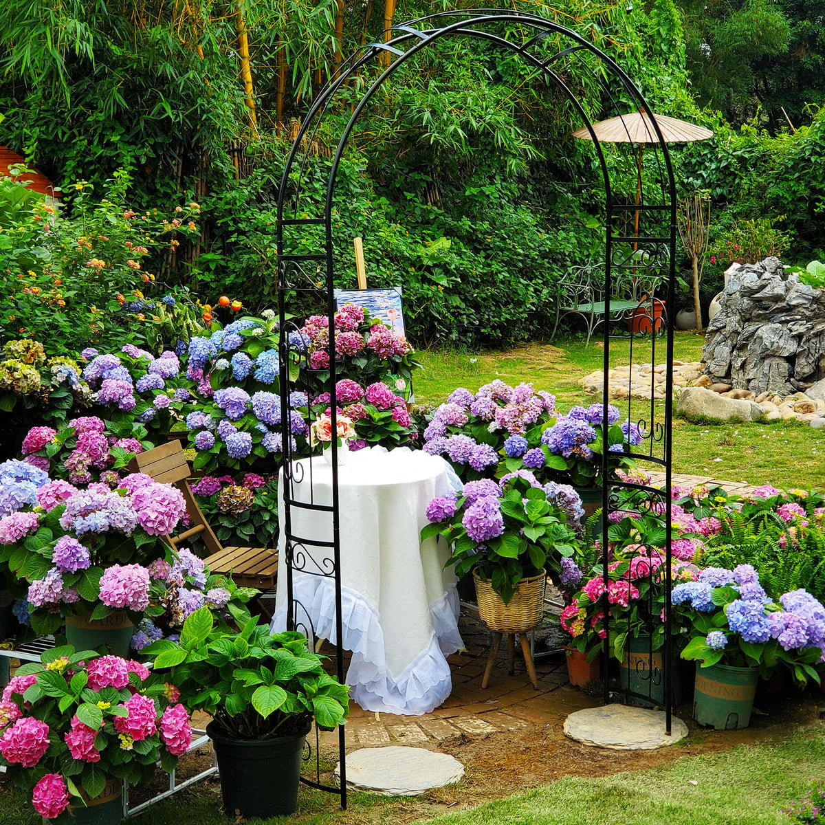 SCENDOR garden arbor ground stakes extend 9.5 inches for added stability.