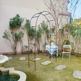 SCENDOR iron garden arch installed in a lush yard, ideal for climbing plants.