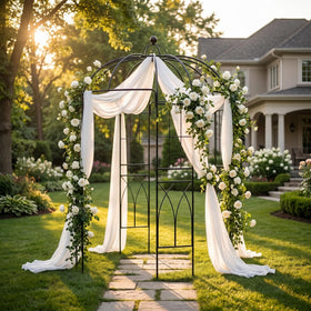 SCENDOR Iron Gazebo Structure 9ft tall stands in the garden for weather-ready shade.