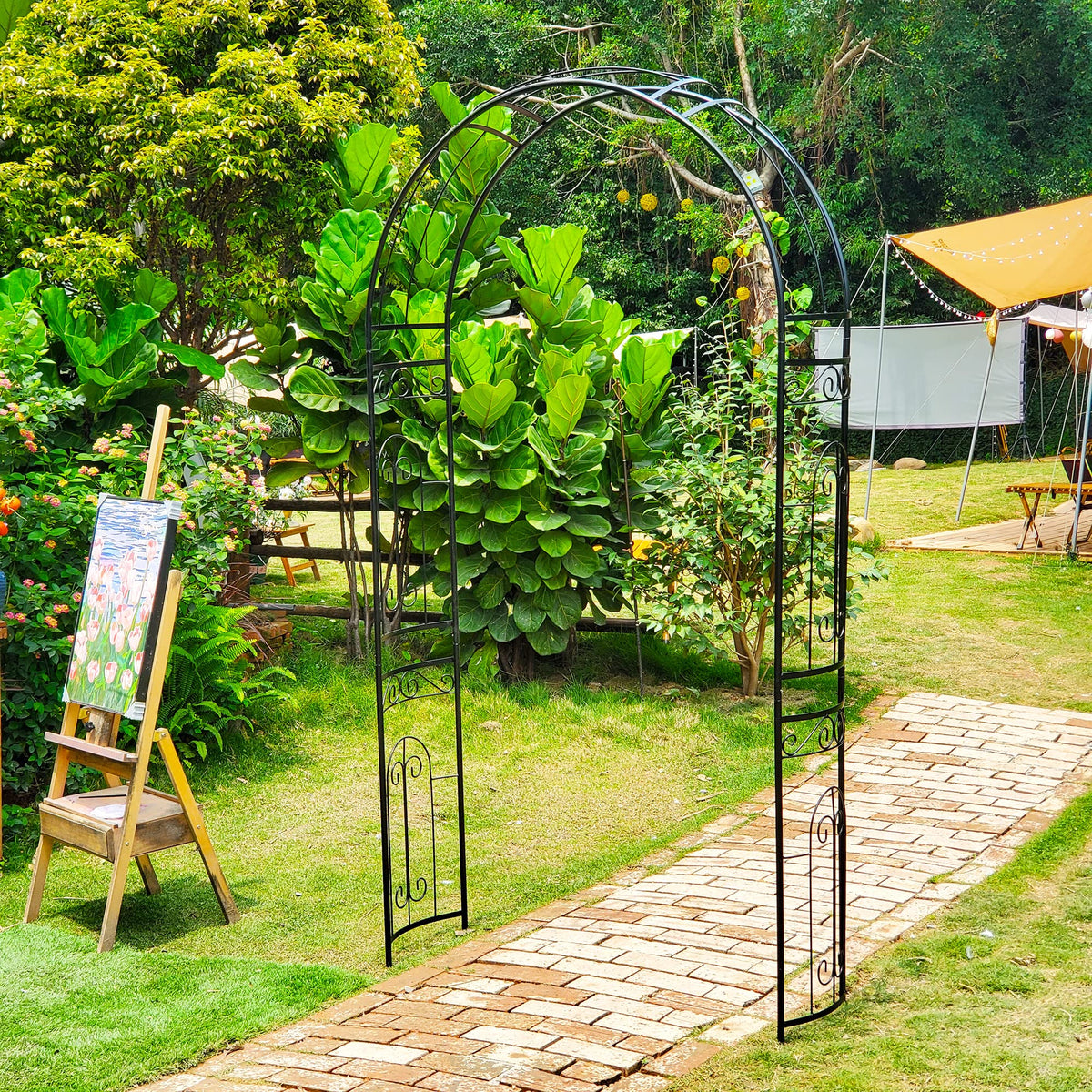 SCENDOR garden arbor side view highlighting weather-resistant construction for long-lasting outdoor setup.