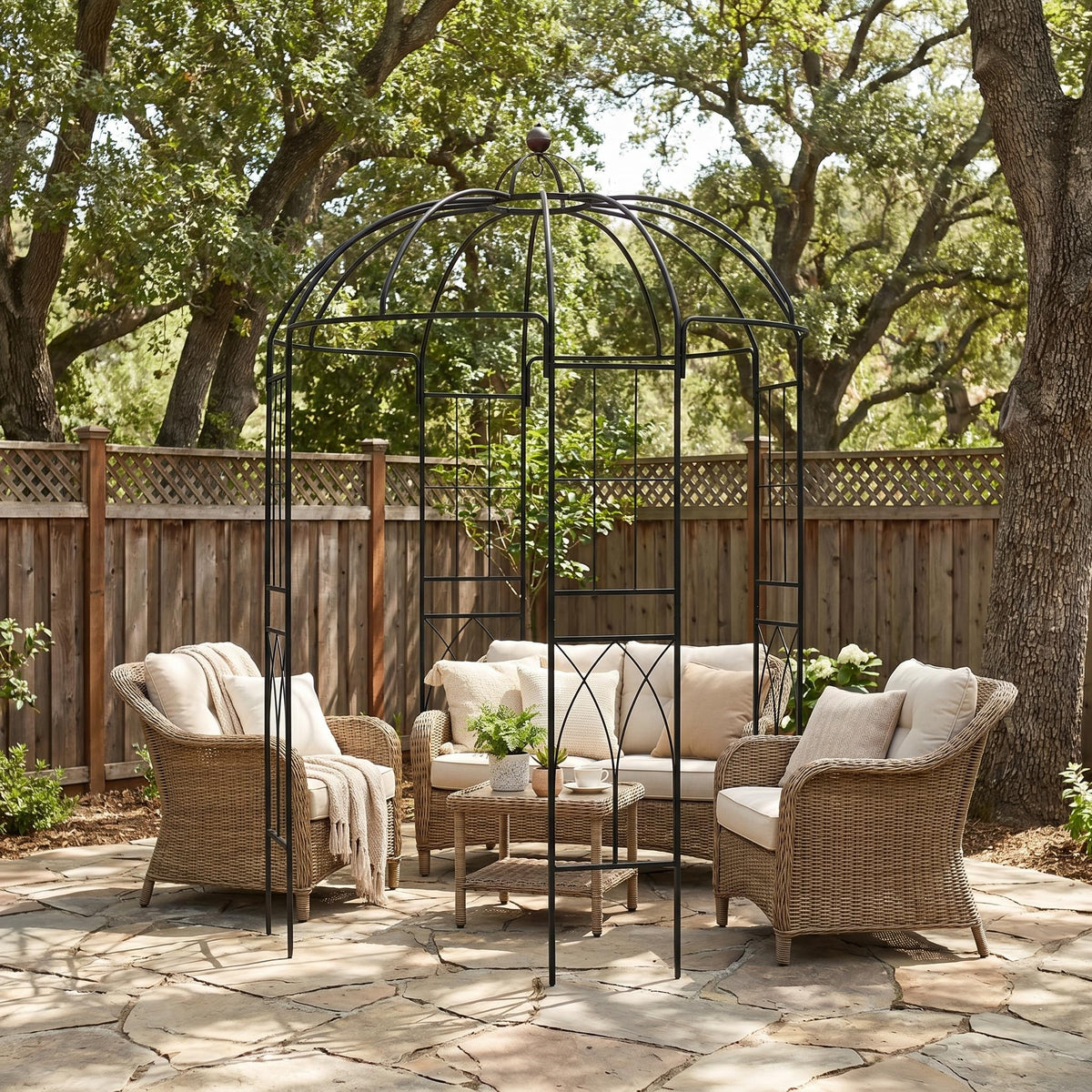SCENDOR Wedding Arch creates a picturesque ceremony backdrop in the yard.