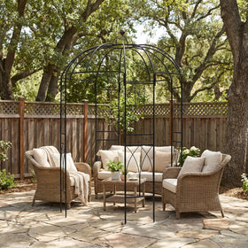 SCENDOR Wedding Arch creates a picturesque ceremony backdrop in the yard.