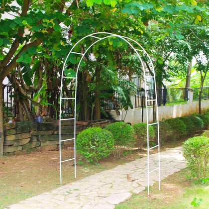 SCENDOR White Iron Pergola Arch offers an elegant garden entry with durable plant support.