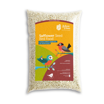 Schoen Farms Bright White Safflower Seeds attract cardinals to your feeder for backyard feeding.