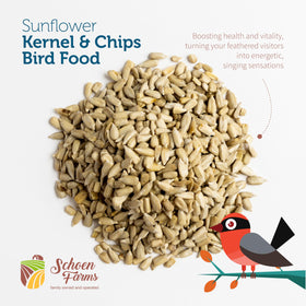 Schoen Farms sunflower kernels at a feeder attracting colorful finches and chickadees.
