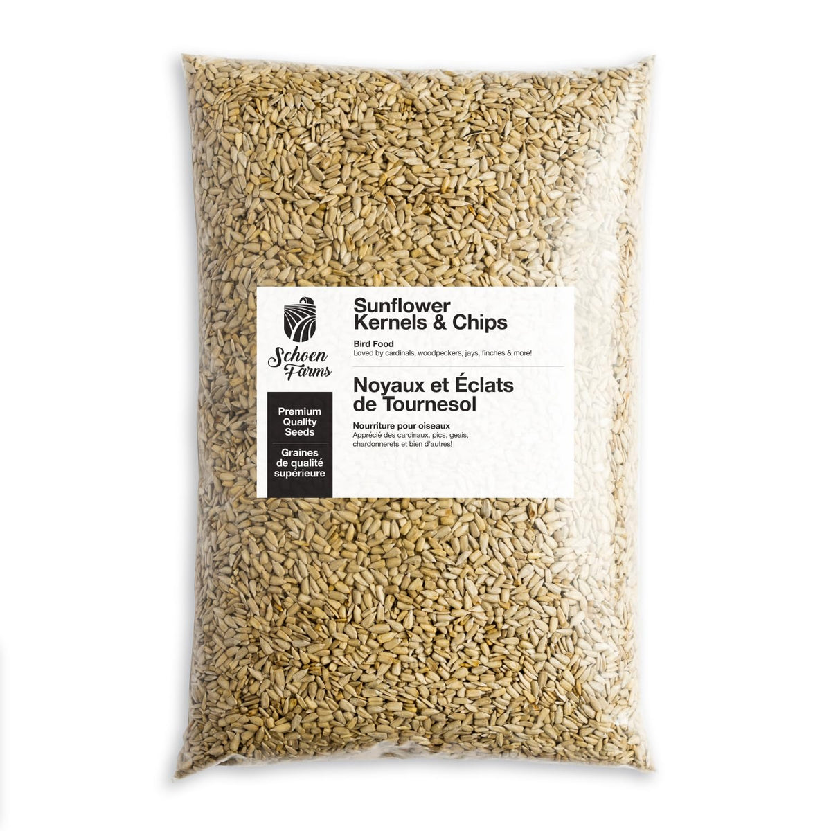 Schoen Farms Sunflower Kernels & Chips bag ready for quick, mess-free feeding.
