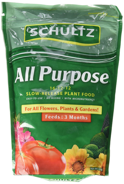Schultz all-purpose slow-release plant food for gardens fuels steady growth of flowers and vegetables.
