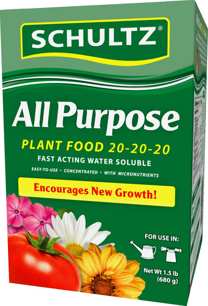 Schultz 1.5# all-purpose plant food bottle for easy indoor and outdoor feeding promotes healthy growth.