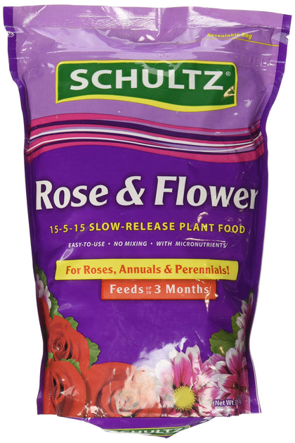 Schultz SPF48410 bottle shows slow release plant food for vibrant rose and flower blooms