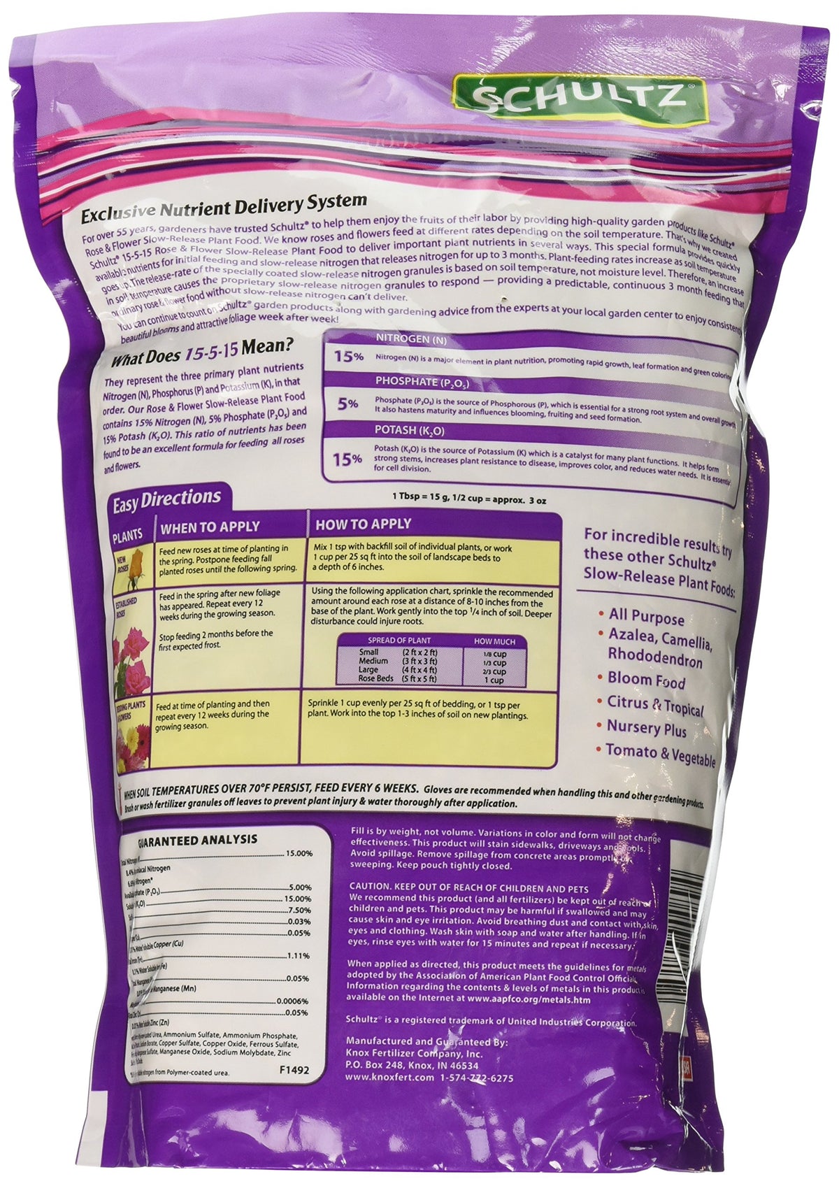 Schultz SPF48410 label on slow-release plant food designed for roses and perennials through the season