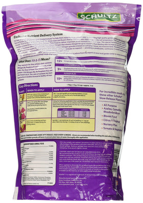 Schultz SPF48410 label on slow-release plant food designed for roses and perennials through the season