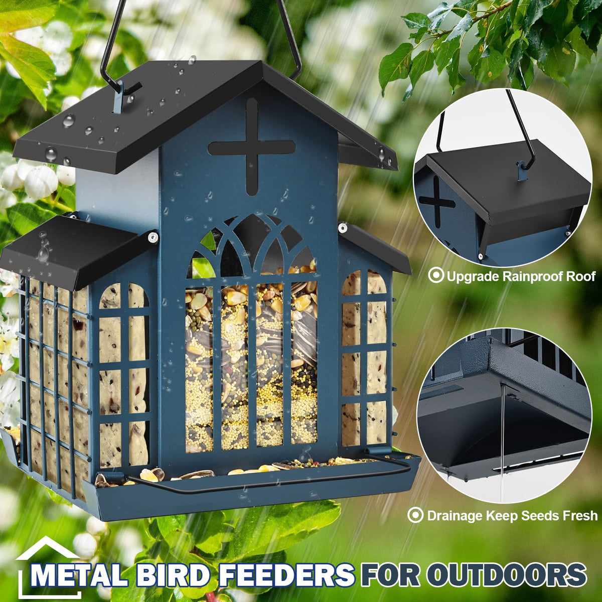 ScinDa 5lb capacity feeder keeps ample seed for finches and cardinals.