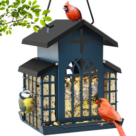 ScinDa church-shape metal feeder for outdoor appeal attracts wild birds.